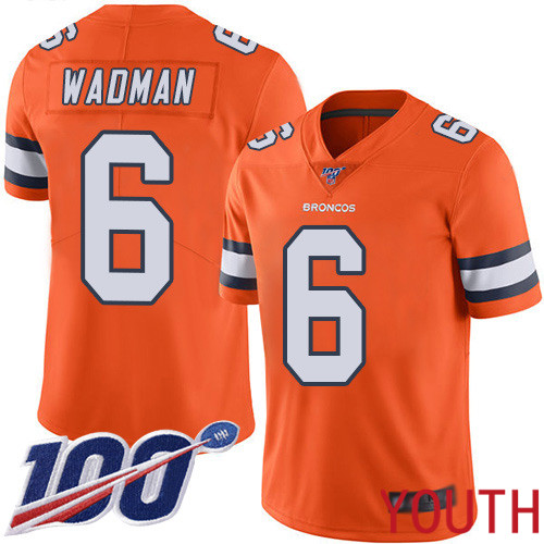 Youth Denver Broncos 6 Colby Wadman Limited Orange Rush Vapor Untouchable 100th Season Football NFL Jersey